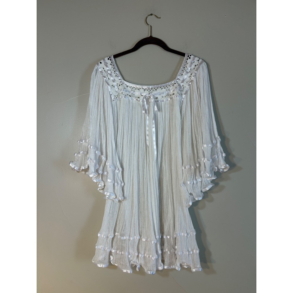 Vintage Made in Mexico White Cotton Gauze Angelic Baby Doll Dress Bell Sleeve M